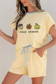 Cozy Season Embroidered Graphic Relaxed Two-piece Short Set in Pastel Yellow, model styling view