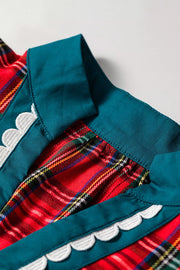 Plaid V Neck Short Sleeve Shift Blouse in Deep Red, back view