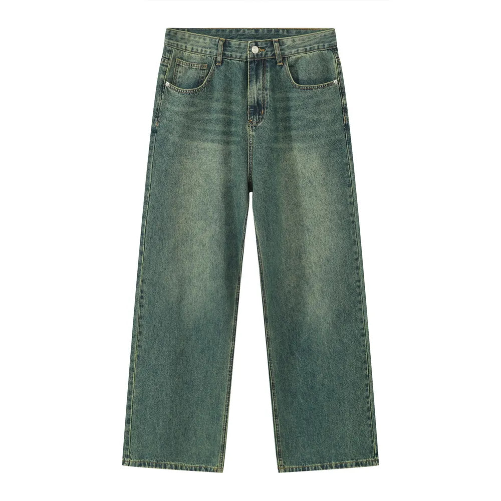 Wide-leg denim trousers in a faded green wash with a relaxed fit.