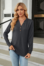 Dark Gray waffle knit long sleeve top with buttoned V-neck