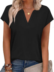 Black short-sleeve t-shirt with notched V-neck and heathered texture.