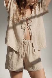 Beige cotton tie-front open top and drawstring shorts set
