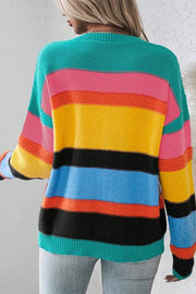 Rainbow stripe knit crewneck sweater with crew neckline and long sleeves.