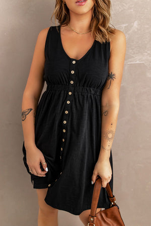 Black button-down mini dress with gathered waistline and V-neckline