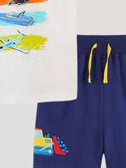 Toddler cotton underwear set with vehicle prints and a bulldozer applique.