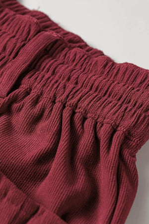 Elastic Waist Drawstring Corduroy Casual Pants in Burgundy, product detail