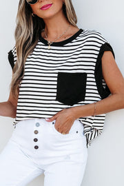 Black and white striped t-shirt with a black pocket detail and crew neck.