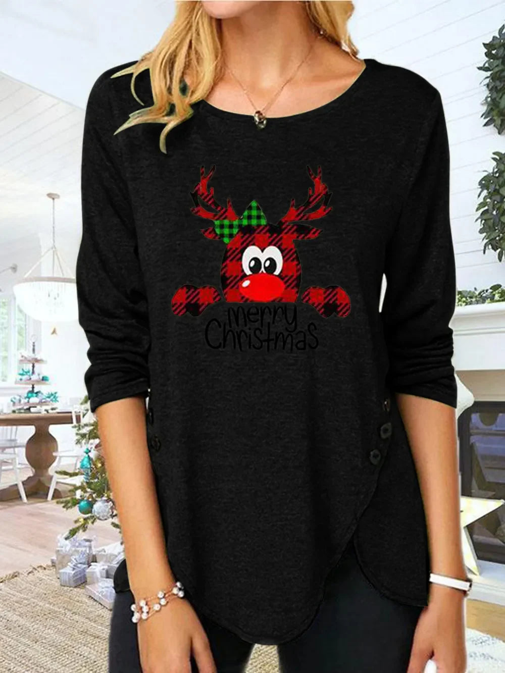 Black asymmetrical tee with reindeer graphic and button detail