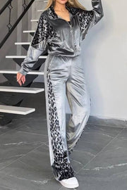 Velvet tracksuit with leopard print panels in gray.