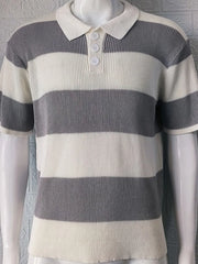 Short sleeve ribbed knit polo shirt with horizontal stripes in dark gray and off-white.