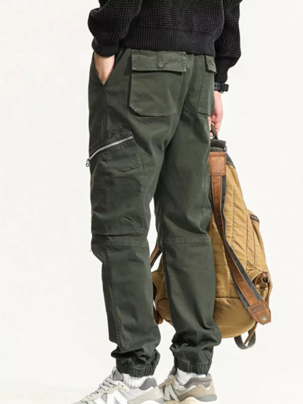 Men's Army Green Cotton Cargo Pants with Zipper Pockets