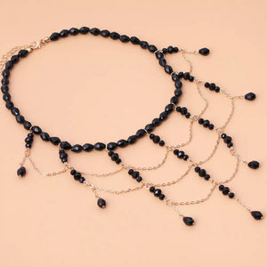 Beaded Choker Necklace With 18k Gold in Black, fabric detail