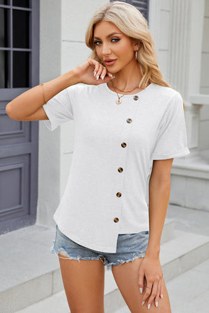 White asymmetric button-up tee with short sleeves and a rounded neckline.