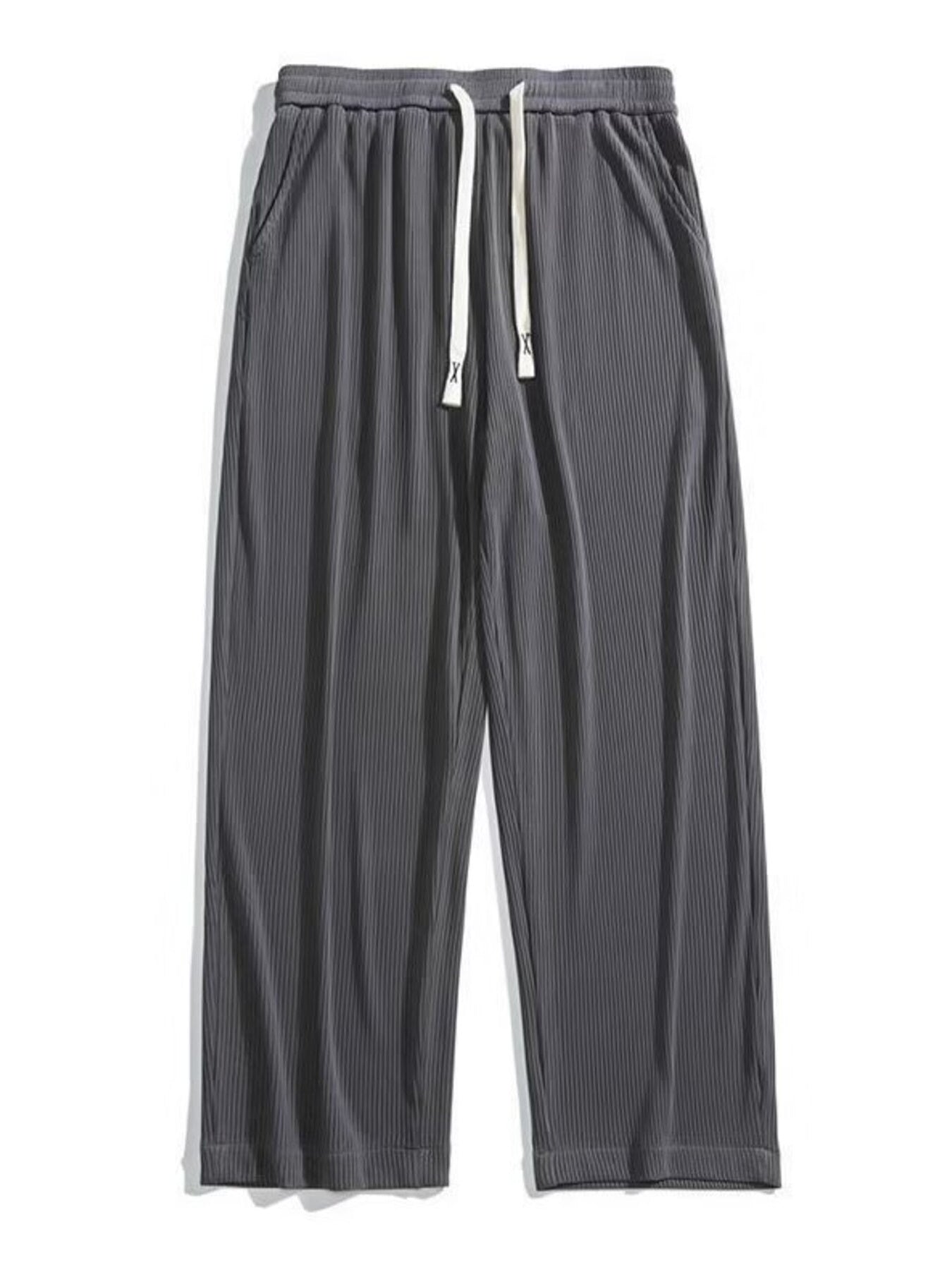 Men's dark gray ribbed drawstring wide leg sweatpants with pockets.