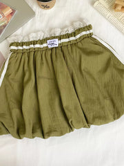 Army green mini skirt with lace trim, gathered waist, and white side stripes.