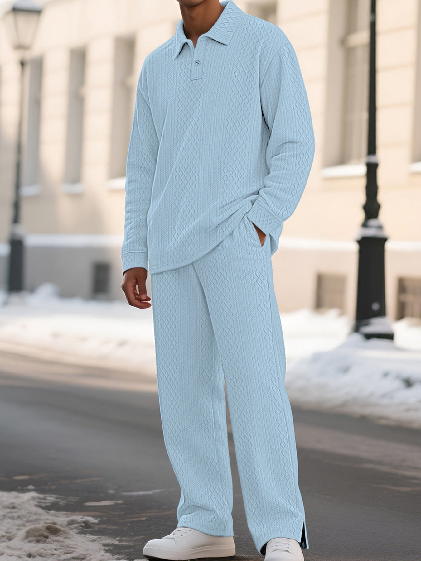 Men's Textured Long Sleeve Top And Pants Set, front view