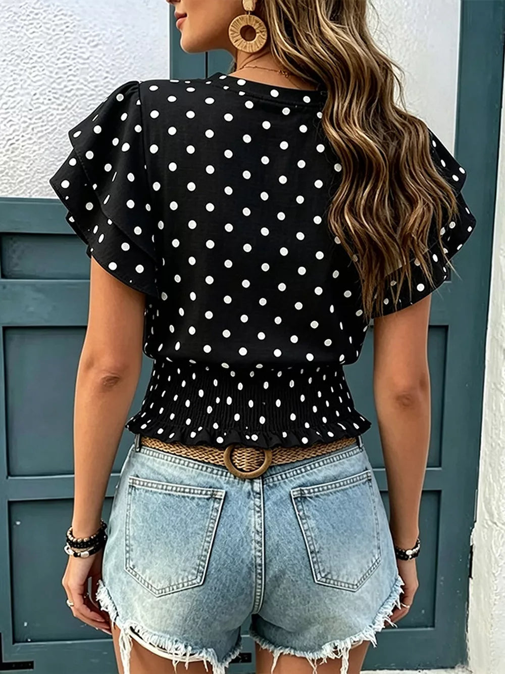 Polka Dot Ruffle Sleeve Blouse, back view