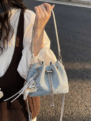 Drawstring Bucket Crossbody Bag in Blue, fabric detail