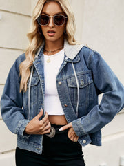 Blue denim jacket with contrast grey hood and drawstring, button front, chest pockets.