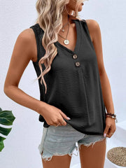 Black textured v-neck tank top with button front detail