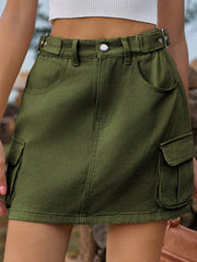 Army green denim mini skirt with belt detail and cargo pockets