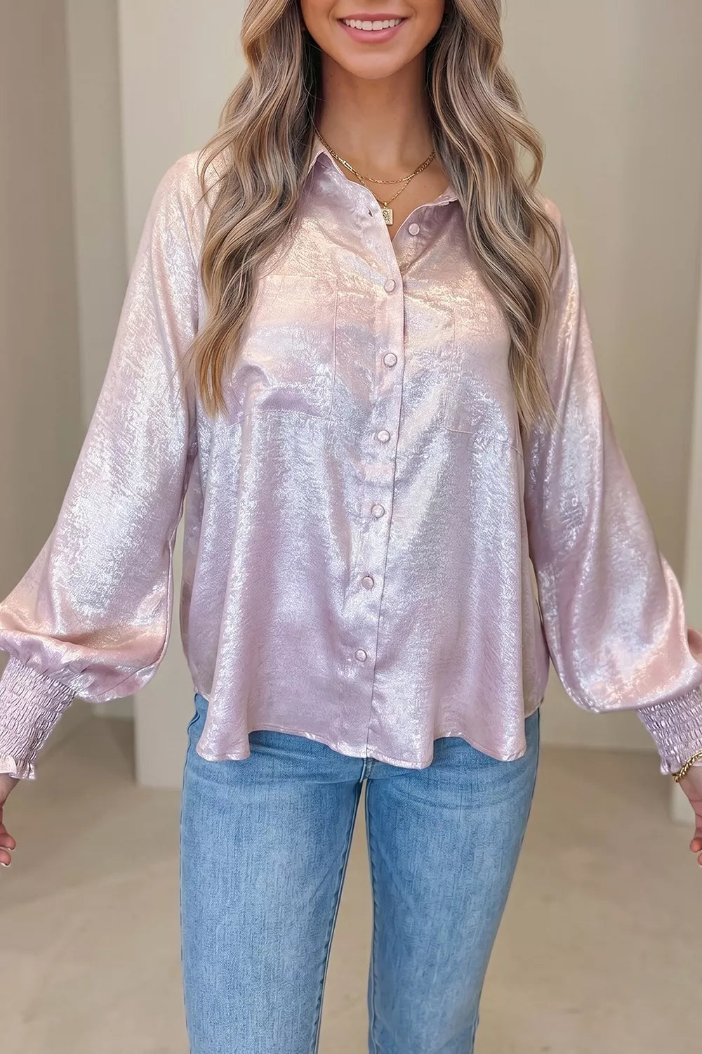 Long Sleeve Button Front Ruffle Cuffs Shirt, side view