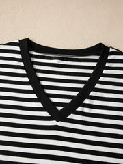 Classic black and white striped V-neck t-shirt with black trim.