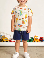 Boys' cotton t-shirt with cartoon animal adventure print, white with multi-color graphics.