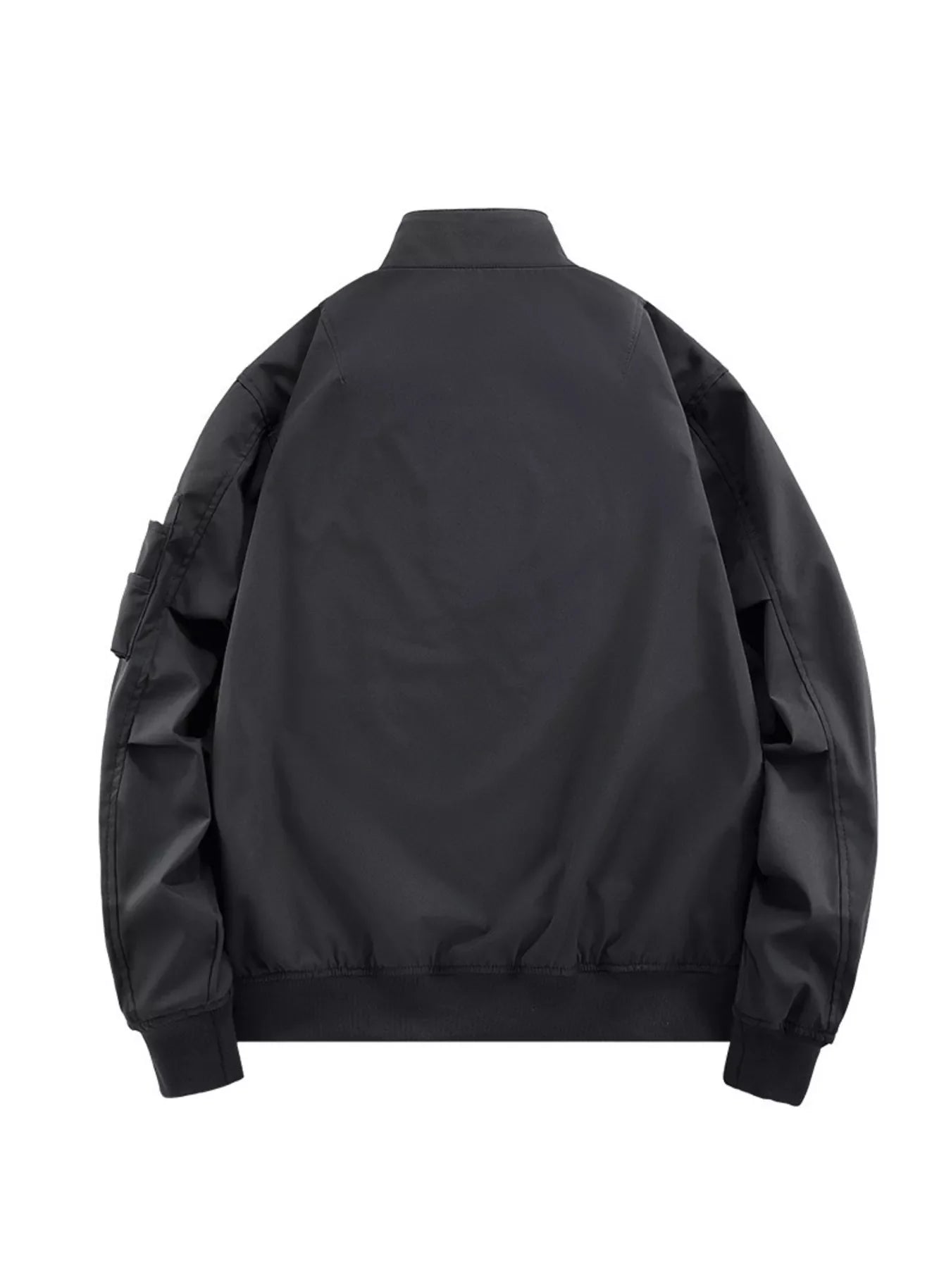Plus-size black bomber jacket with zip closure and utility pocket detail on sleeve.