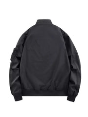 Plus-size black bomber jacket with zip closure and utility pocket detail on sleeve.
