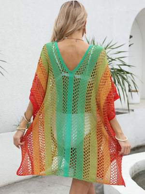 Ombre crochet kaftan cover-up with V-neck and short sleeves in red, orange, yellow, and green.