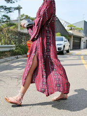 Bohemian Print Midi Dress With Side Slits in Red, side view