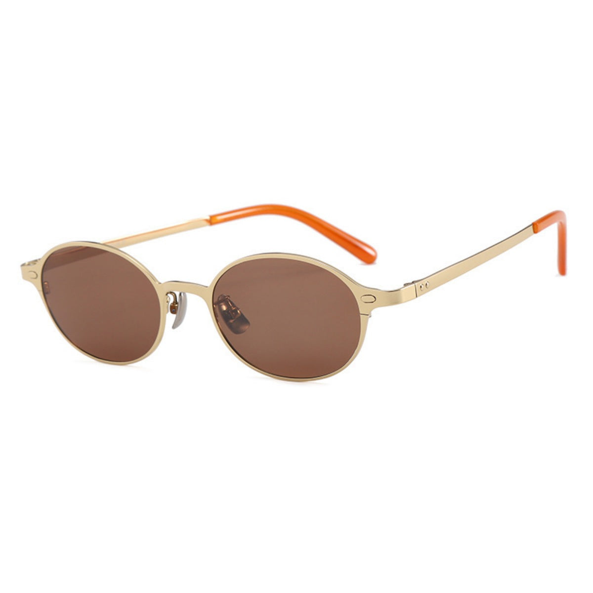 Chic vintage oval sunglasses with gold frames and brown lenses, featuring orange temple tips.