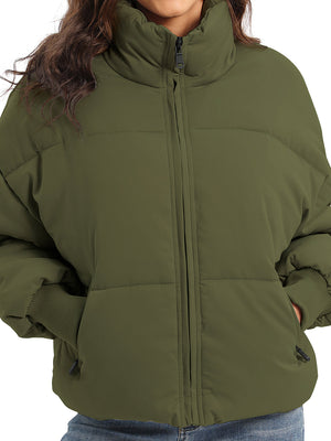 Moss green padded bomber jacket with ribbed cuffs and zip closure