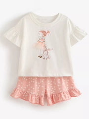Baby girls' white tee with ruffled sleeves and bunny graphic, paired with pink floral print shorts with ruffles.