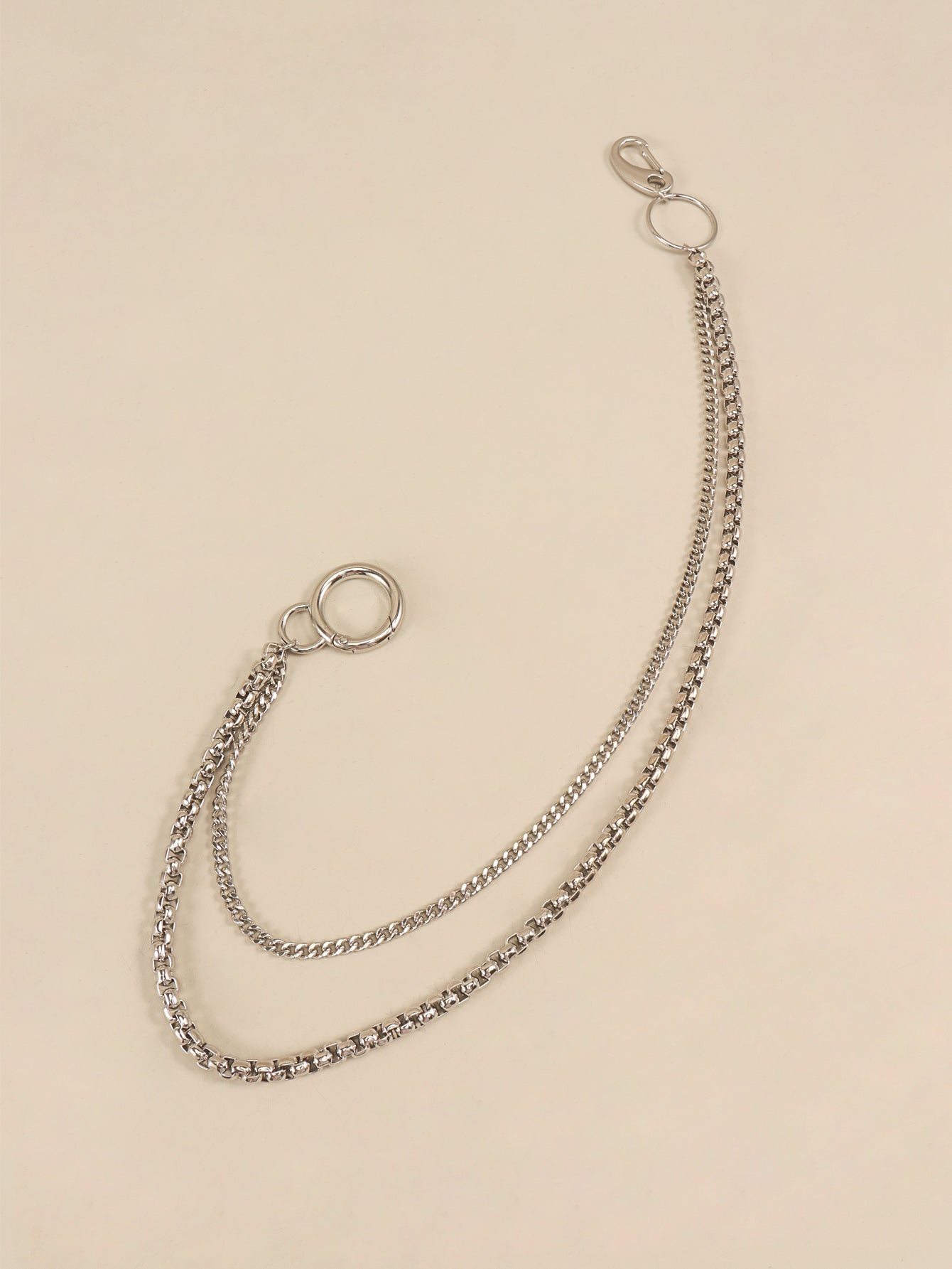 Silver double-strand chain pant accessory with two different chain styles and a lobster clasp.