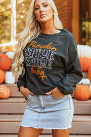 Dark gray corduroy sweatshirt with "Pumpkin Spice Spice baby" graphic text.