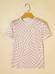 Checkered mesh crew neck t-shirt in beige and white with a wavy distortion pattern.