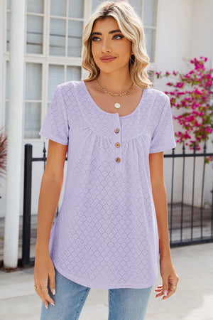 Lavender eyelet yoke gathered henley shirt with button detail and short sleeves.