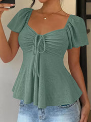 Ruched Flutter Sleeve Peplum Top in Yellow, fabric detail