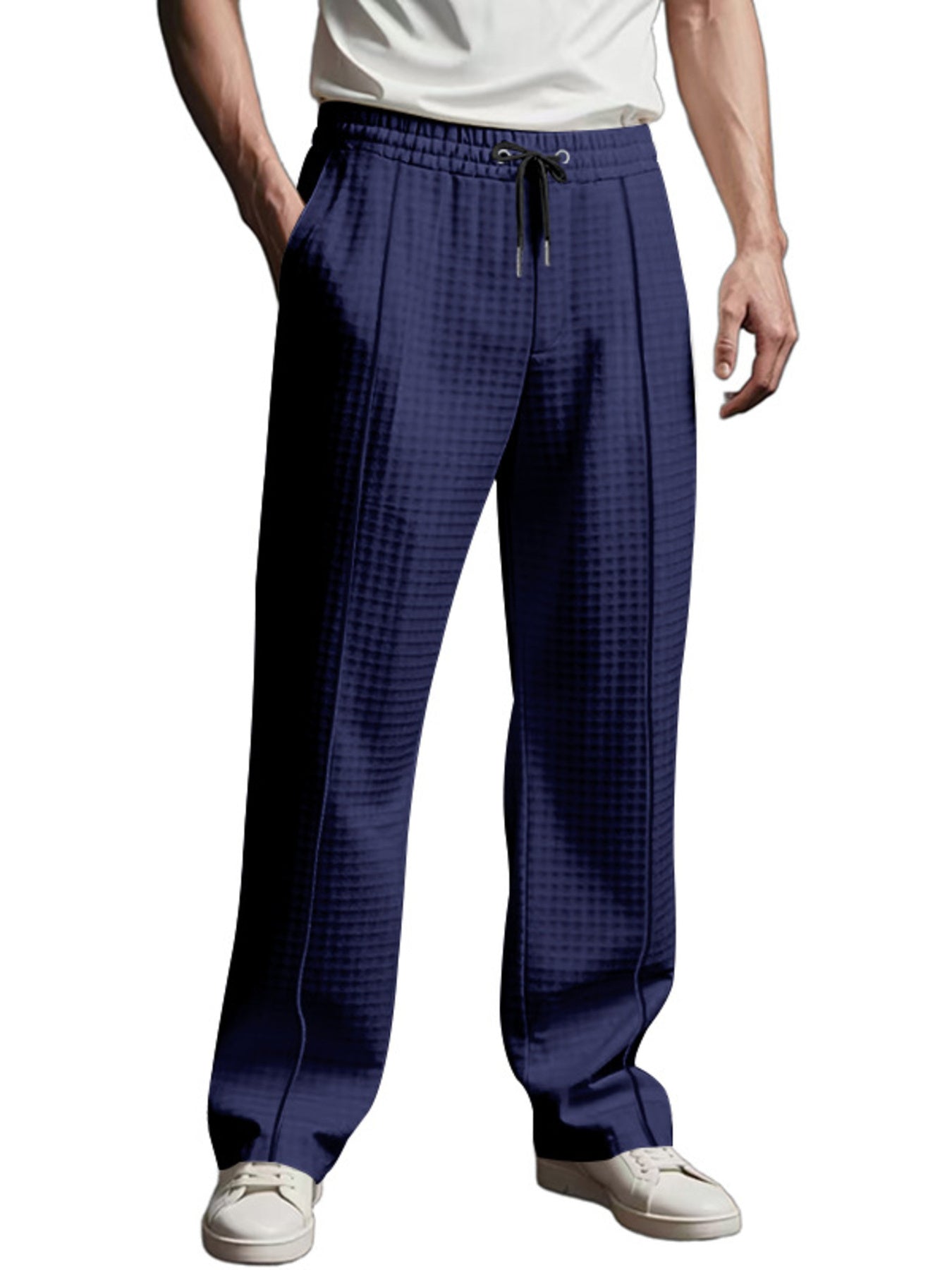 Navy blue textured drawstring sweatpants for men with a casual fit.