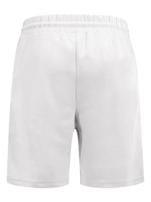 White chino shorts with elastic drawstring waist and casual fit.