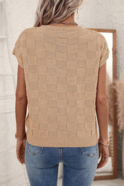 Tan checkered knit tee with short sleeves and a crew neck.