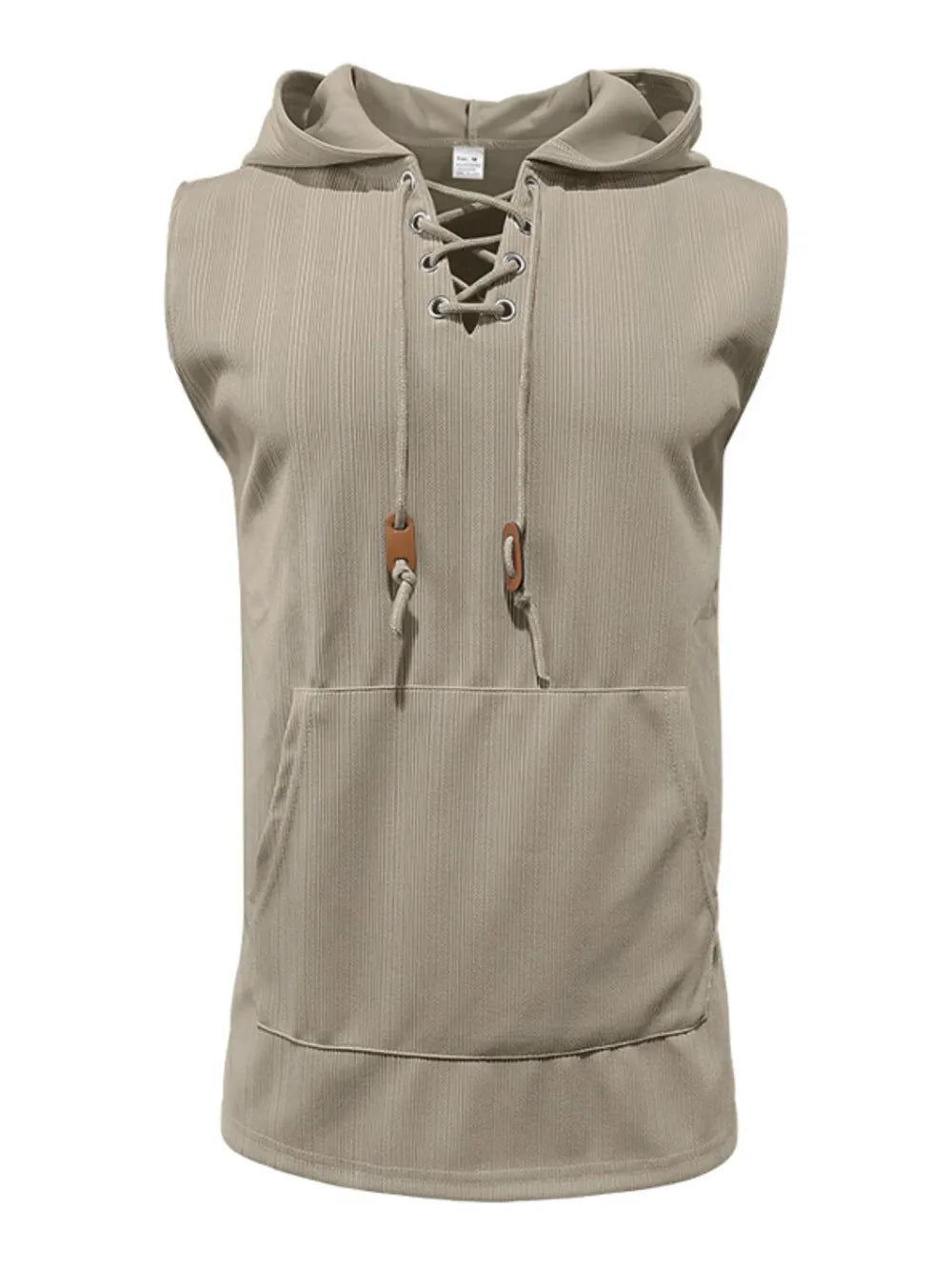 Khaki ribbed knit sleeveless hoodie with lace-up neckline and front pocket.
