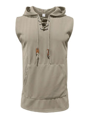 Khaki ribbed knit sleeveless hoodie with lace-up neckline and front pocket.