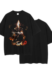Black oversized t-shirt with abstract fiery graphic print.