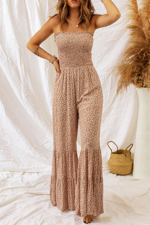Camel floral smocked strappy jumpsuit with tiered bell bottoms