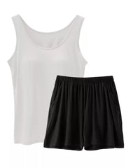 Milky white tank top and black shorts pajama set with pockets