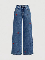 Embroidered Heart Wide-leg Jeans, front view