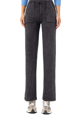 Dark wash denim jeans with utility pockets and a straight leg cut.